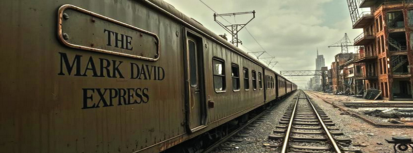 The Mark David Express train in a weathered industrial cityscape